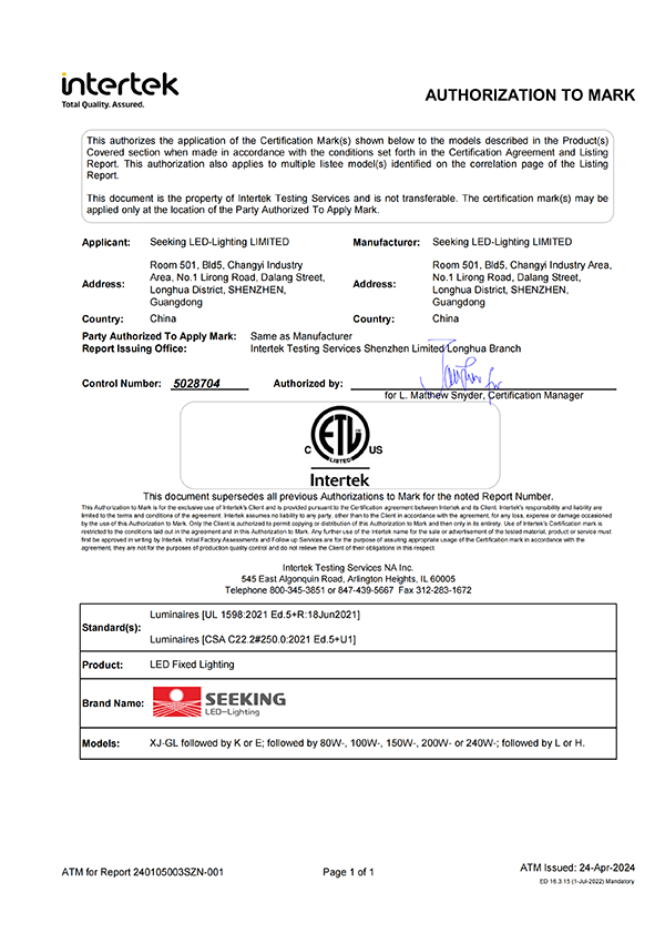 SEEKING LED-Lighting Products Certifications